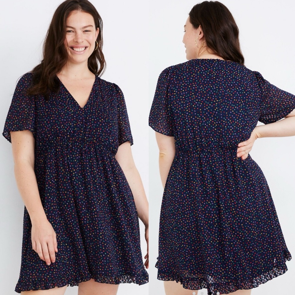 Madewell Flutter-Sleeve Ruffle-Hem Dress in Sugar Dot‎ Navy size 10